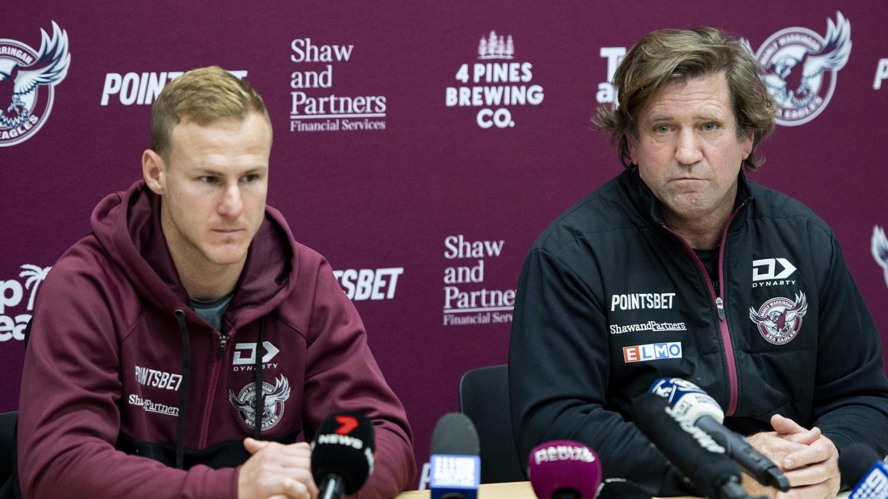 Sydney, Australia, Daily Telegraph, Tuesday, 26 July 2022. Coach Des Hasler L and captain Daly Cherry-Evans R pictured speaking at a press conference held inside the Sea Eagles Foundation Room at the new Centre of Excellence Building, Brookvale oval. Picture: Daily Telegraph / Monique Harmer