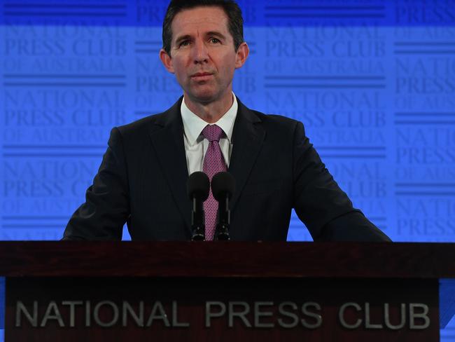 Trade, Tourism and Investment Minister Simon Birmingham delivers his address to the National Press Club in Canberra. Picture: Getty Images