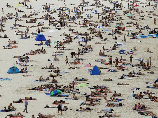 Thousands of people sunbaking on Bondi Beach last week. Picture: John Appleyard