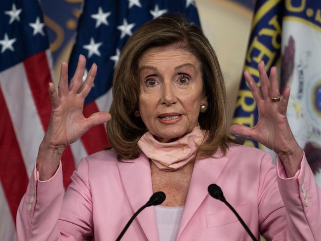 US Speaker of the House, Nancy Pelosi, Democrat of California, speaks during a press conference before the vote on the 'Delivering for America Act' to protect the postal system, on Capitol Hill in Washington, DC, on August 22, 2020. (Photo by ANDREW CABALLERO-REYNOLDS / AFP)