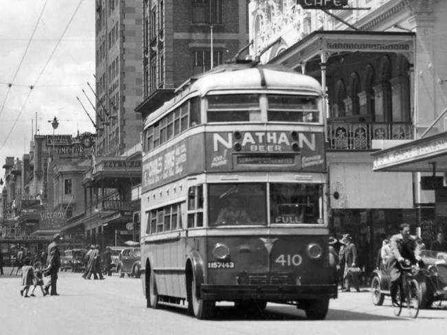 An electric double-decker trolley bus on Hindley St, undated.