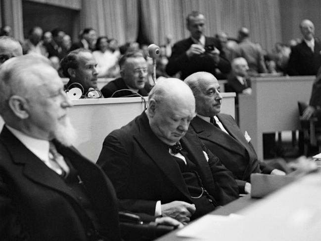 Former British prime minister Winston Churchill, centre, at the first meeting of the Consultative Assembly of the Council of Europe at the University Palace in Strasbourg in 1949. Picture: AFP