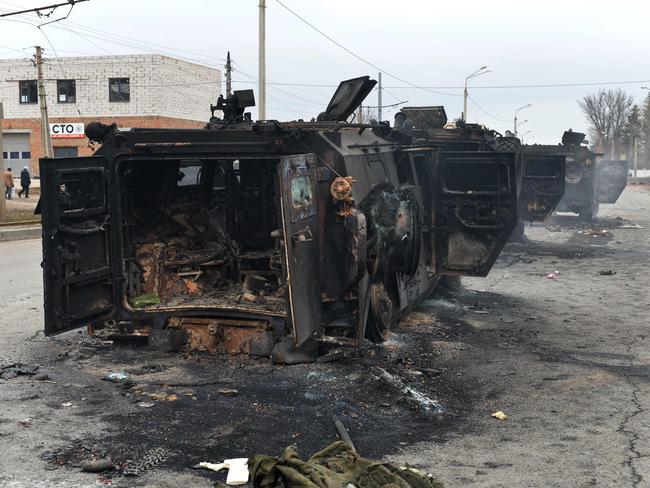 Russian infantry mobility vehicles GAZ Tigr destroyed as a result of fight in Kharkiv, located some 50 km from Ukrainian-Russian border. Picture: AFP