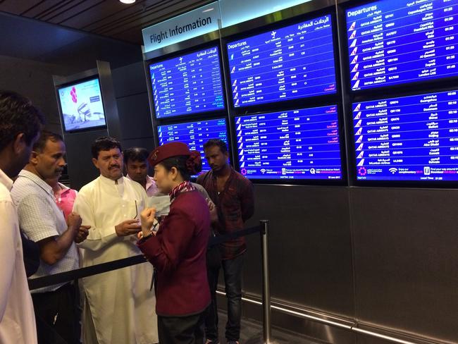 Stranded passengers of cancelled flights wait at Hamad International Airport, a major transport hub in Doha, Qatar. Picture: AP/Hadi Mizban