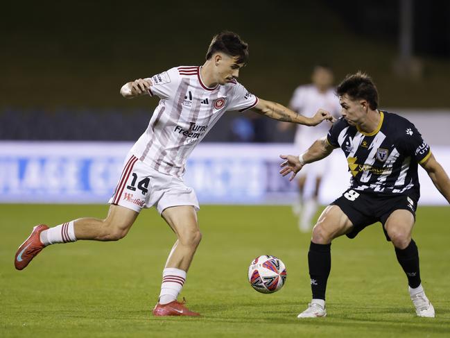 Nicolas Milanovic of the Wanderers runs with the ball during the round 29 A-League Men match against Macarthur FC. (Photo by Darrian Traynor/Getty Images)