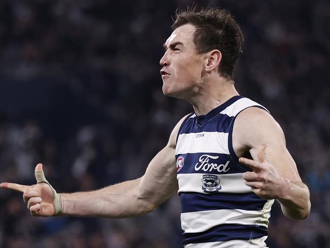 GEELONG, AUSTRALIA - AUGUST 03: Jeremy Cameron of the Cats  celebrates a goal   during the round 21 AFL match between Geelong Cats and Adelaide Crows at GMHBA Stadium, on August 03, 2024, in Geelong, Australia. (Photo by Darrian Traynor/Getty Images)