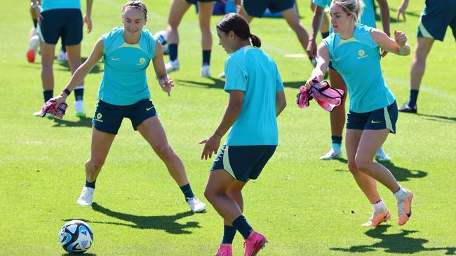 Caitlin Foord, Sam Kerr, and Ellie Carpenter during the Matildas Training session in Brisbane. Picture: NCA NewsWire/Tertius Pickard