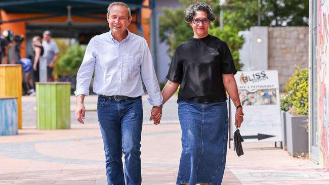 WA Premier Roger Cook with wife Carly Lane at Wellard on Sunday morning celebrating Labor’s election win. Picture: Colin Murty