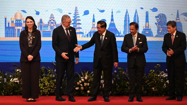 Prime Minister Anthony Albanese and New Zealand Prime Minister Jacinda Ardern finalised an agreement to upgrade the ASEAN-Australia-New Zealand Free Trade Area. Picture: Tang Chhin Sothy/AFP