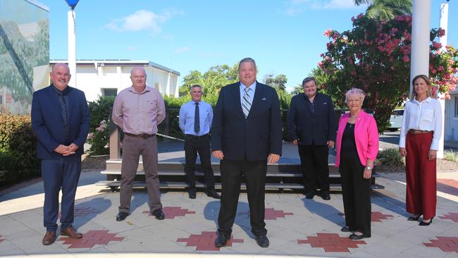 (From left) Whitsunday Regional Council Division 6 councillor Mike Brunker, Division 5 councillor Gary Simpson, Division 2 councillor Al Grundy, Mayor Andrew Willcox, deputy mayor and Division 3 councillor John Collins, Division 1 councillor Jan Clifford and Division 4 councillor Michelle Wright. Picture: Jordan Gilliland