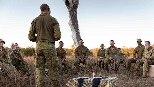 Australian Army Chaplin, Major Gary Pope from the 3rd Brigade Headquarters, delivers a field service to soldiers at Townsville Field Training Area, Queensland on Exercise Talisman Sabre 2021. Picture: Department of Defence