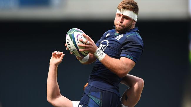 Scotland flanker Ryan Wilson catches the ball at Murrayfield.