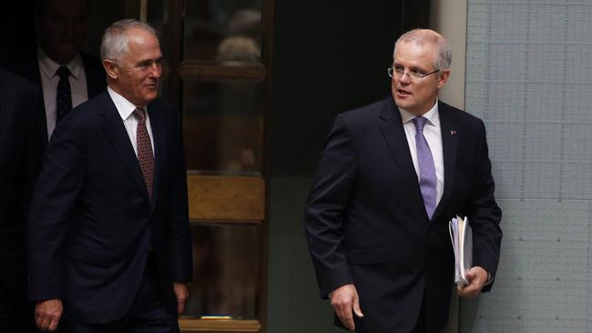 Treasurer Scott Morrison arrives with Prime Minister Malcolm Turnbull for his second Budget speech. Picture: Gary Ramage