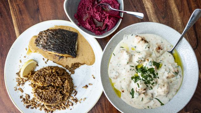 Samkeh harrah, beetroot dip and lemon and garlic chicken. Picture: Monique Harmer