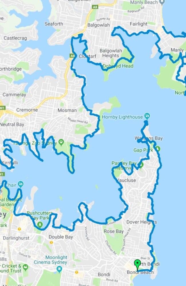 The planned walk from Bondi to Manly. Picture: Google Maps