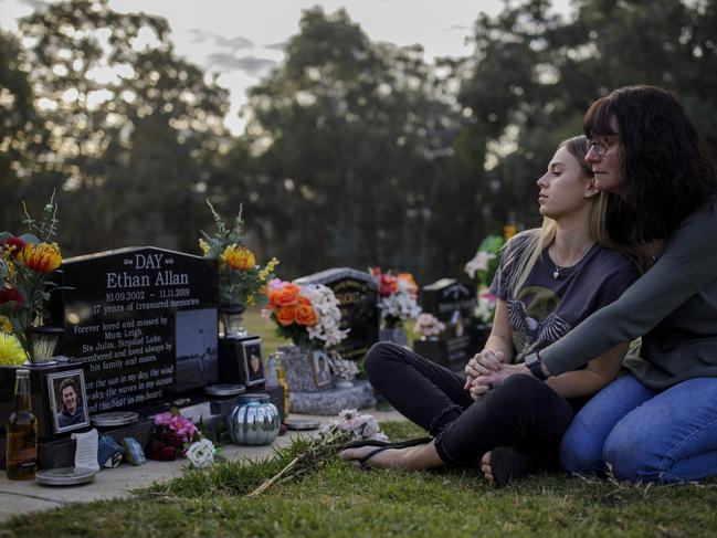 Ethan Day’s grieving family at his gravesite in Tumut. Picture: Sean Davey