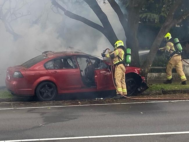 The car burst into flames after smashing into the tree. Picture: Len Walker