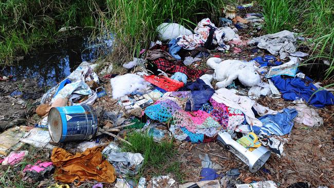 Illegally dumped rubbish dumped rubbish at near Bowhill Rd, Willawong, on February 6. Picture: JOHN GASS