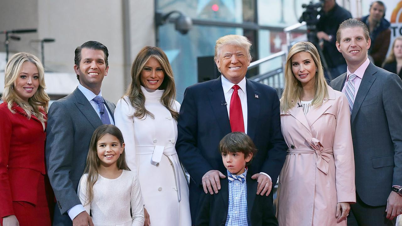 Mrs Trump (third left) with Tiffany, Donald Jr, Donald Sr, and Ivanka and Eric Trump, and (in front) Donald Jr’s kids Kai and Donald Trump III. Picture: Spencer Platt/Getty Images