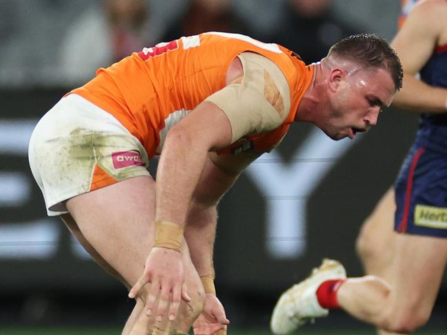 MELBOURNE, AUSTRALIA - JULY 27: Kieren Briggs of the Giants reacts during the round 20 AFL match between Melbourne Demons and Greater Western Sydney Giants at Melbourne Cricket Ground, on July 27, 2024, in Melbourne, Australia. (Photo by Daniel Pockett/Getty Images)