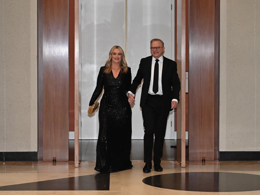 Prime Minister Anthony Albanese and fiancee Jodie Haydon were all smiles as they entered the building. Picture: NewsWire/Martin Ollman