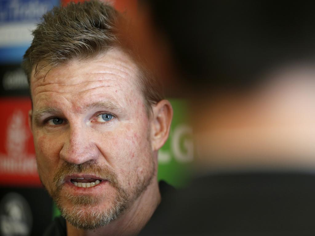 MELBOURNE, AUSTRALIA - JULY 24: Nathan Buckley, Senior Coach of the Magpies speaks to the media after a Collingwood AFL training session at Holden Centre on July 24, 2019 in Melbourne, Australia. (Photo by Darrian Traynor/Getty Images)