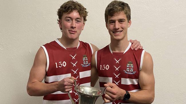 Hughen Wissman (right) with captain Kane McAuliffe after last year's Intercol win. Picture: Prince Alfred College