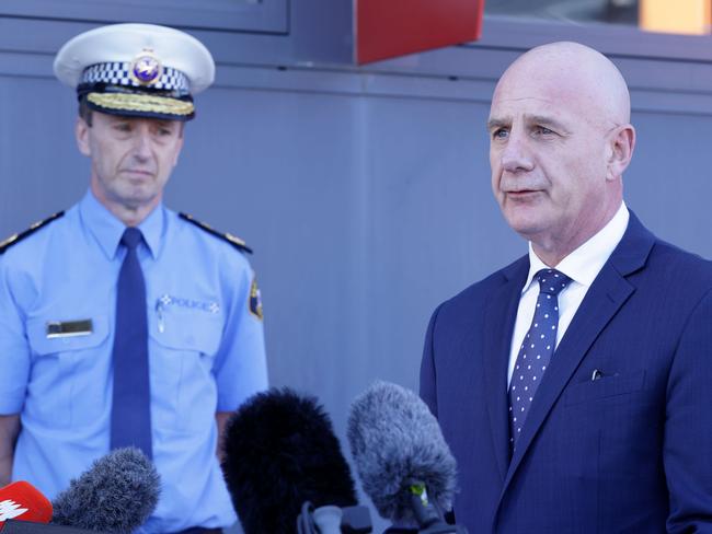 Police Commissioner Darren Hine and Premier Peter Gutwein address the media. Picture: Grant Viney