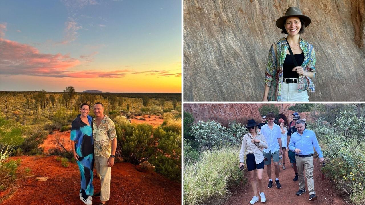 (Clockwise from left) Comedian Celeste Barber with her husband Api Robin, MasterChef Australia judge Sofia Levin, TV personality Courtney Roulston with viral music composer Bailey Pickles and Voyages Indigenous Tourism chief executive Matt Cameron-Smith at Uluru for Ayers Rock Resort 40th birthday.