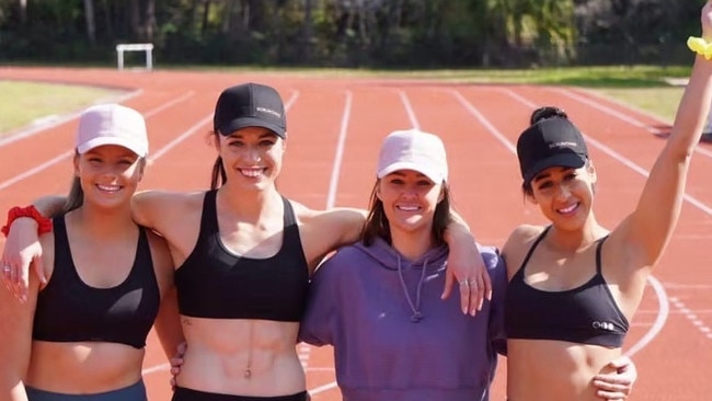 (L-R) League player Amy Fiddling, track athlete Lani Withnall, Scrunchiko founder Katie McCarthy and Just Train owner Crystal Maguire