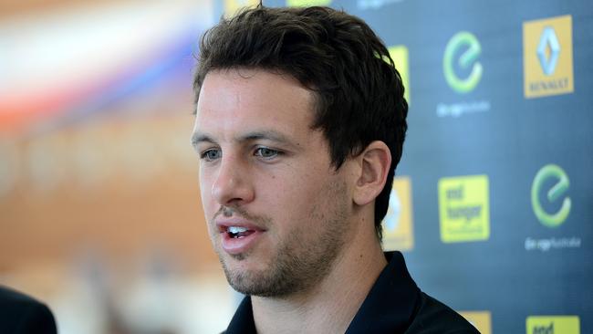 22/09/2014 Port Adelaide players leave for Brownlow medal in Melbourne from Adelaide airport.Travis Boak speaks to media before flying to Melbourne for tonights Brownlow . Pic Mark Brake