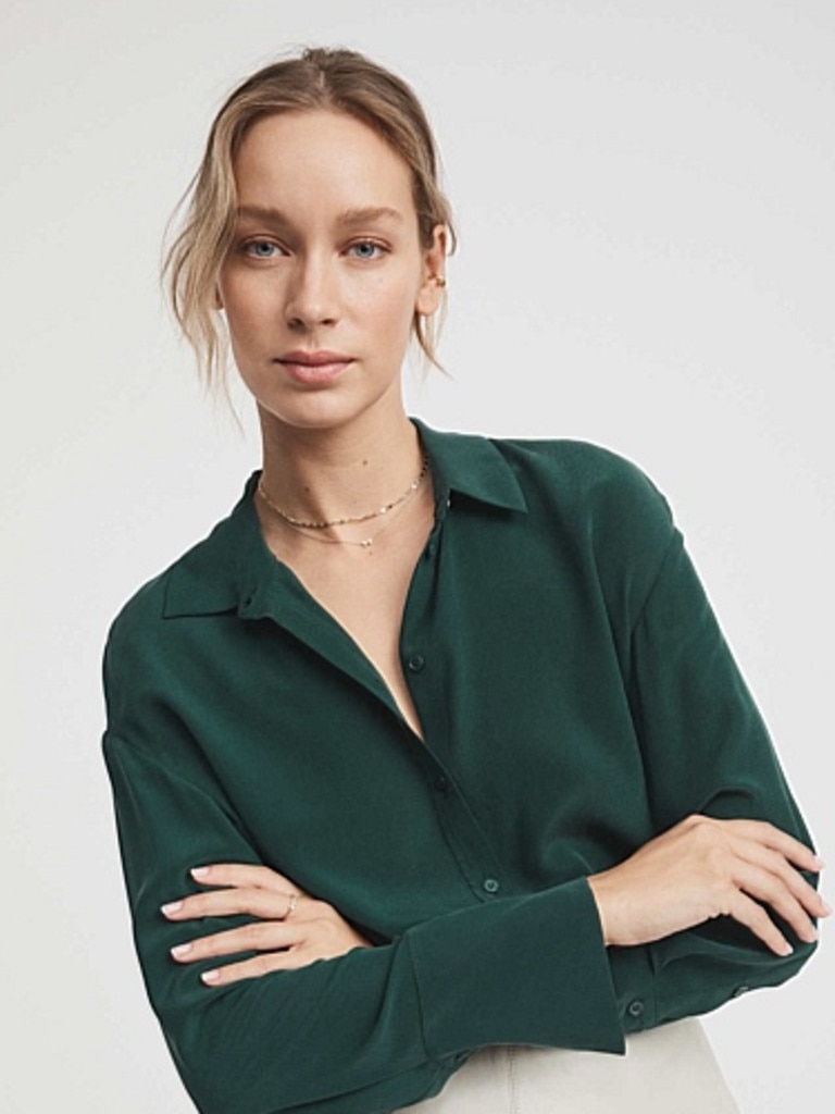 Witchery silk shirt in green. Picture: Witchery