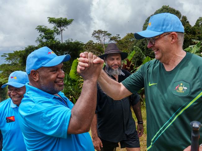 PAPUA NEW GUINEA: Newswire Photos: APRIL 24 2024: Australia's Prime Minister Anthony Albanese and Papua New Guinea Prime Minister James Marape walk along the Kokoda Track at Kokoda Village in Papua New Guinea on April 24, 2024. Prime Minister Anthony Albanese slips over. Picture: NCA NewsWire via the Australian Prime Ministers Office