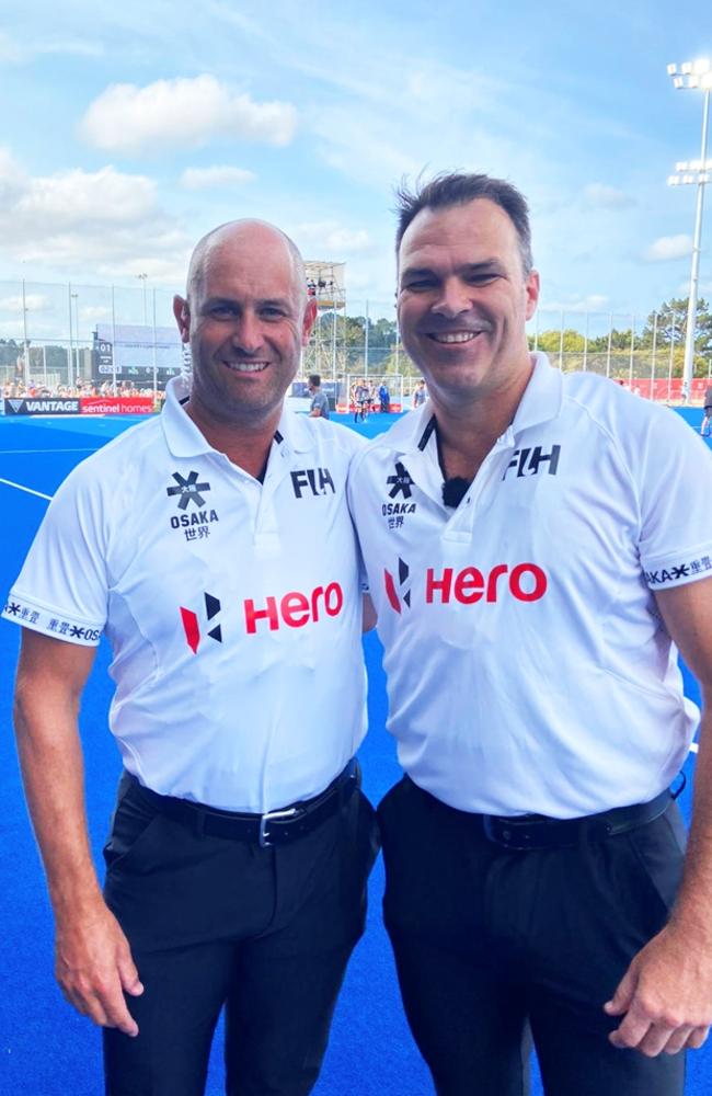 Ipswich international hockey umpire Steve Rogers with Brisbane umpire Adam Kearns during Pro League matches.