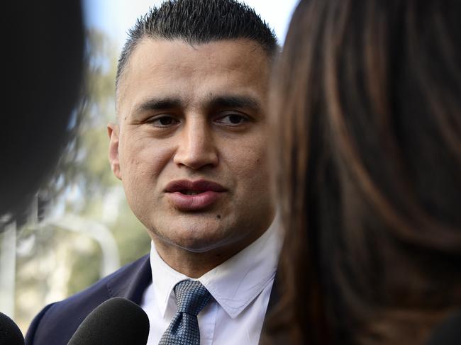 Ney’s lawyer Zemarai Khatiz outside Parramatta Bail Court. Picture: Bianca De Marchi