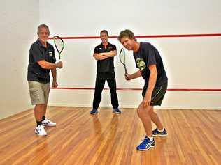 SUPER SQUASH: Goonellabah fitness centre the Summit has refurbished its squash courts and owner Matt George shows off the renovations to players Kevin Smith and Shane Lochrin. Picture: Alison Paterson