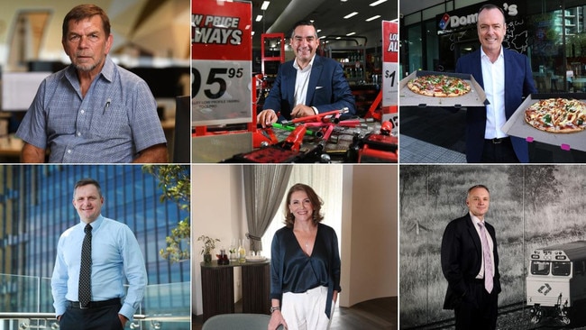 Clockwise from top left. Graham Turner from Flight Centre, Anthony Heraghty from Super Retail Group, Don Meij from Domino’s Pizza, Andrew Harding from Aurizon, Maxine Horne from Vita Group and Steve Johnston from Suncorp.