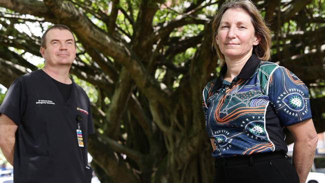 Cairns and Hinterland Hospital and Health Service Director of Emergency Medicine Dr Richard Stone and CEO Tina Chinery are urging people to get their booster jab. Picture: Brendan Radke