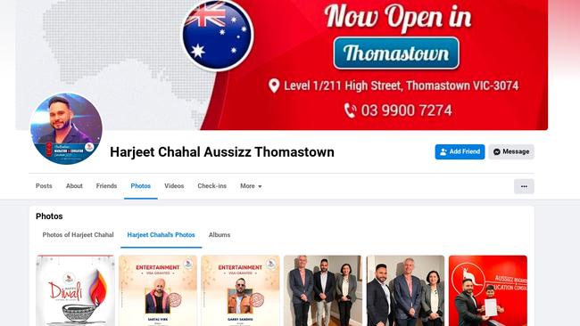 Migration agent Harjeet Chahal's Facebook page displaying images of him with federal Minister Andrew Giles and Victorian Minister Lily D'Ambrosio at the $1000-a-head Labor fundraising dinner on October 2