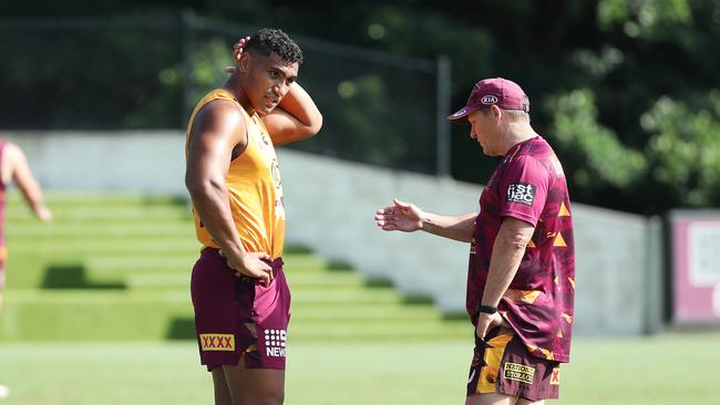 Tevita Pangai Jr, talking with coach Kevin Walters, is set to exit Brisbane Broncos.