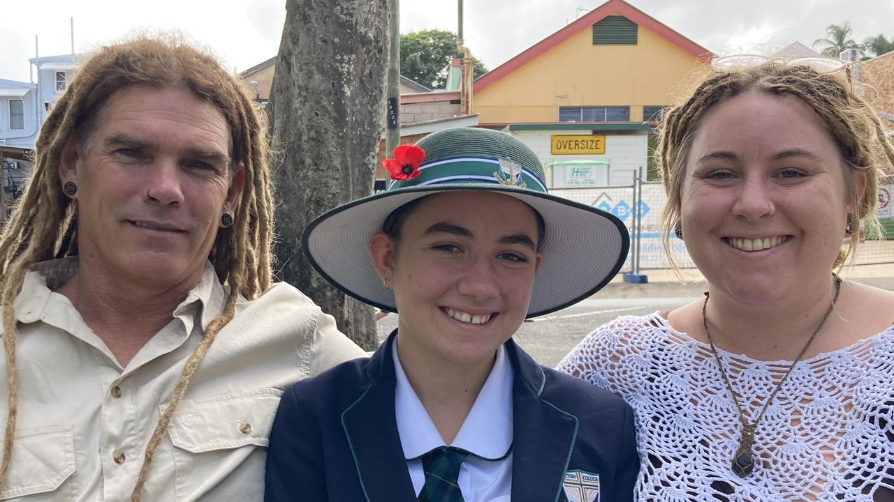 Jane Coyle with Grace and Hayley Williams at the Gympie Anzac Day 2023 march and ceremonies.