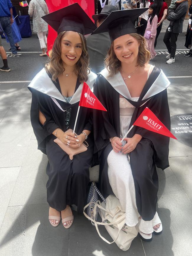 Yelena Walton (Bachelor of Fashion Design) and Sophie Duffus (Bachelor of Fashion Design) at the RMIT University graduation day on Wednesday, December 18, 2024. Picture: Jack Colantuono