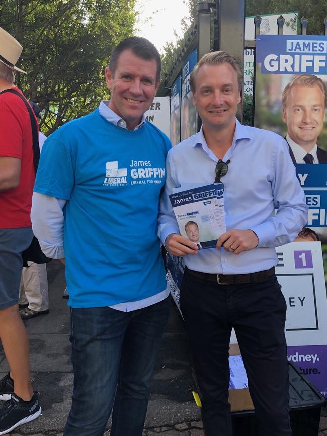 Manly MP James Griffin with former NSW premier Mike Baird. Picture: Julie Cross.