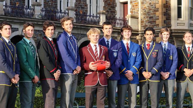 College football division one captains L-R Fraser Agnew (Immanuel College), Massimo Mammone (Westminster), Jayden Gale (Rostrevor) Morgan Ferres (St Peter’s), Harry Tunkin (Prince Alfred), Luca Whitelum (Sacred Heart), Adam D’Aloia- (St Michael’s), Luigi Mondello (Trinity), Ned Carruthers (Pembroke) and Matthew Dixon (Scotch) Picture: Russell Millard