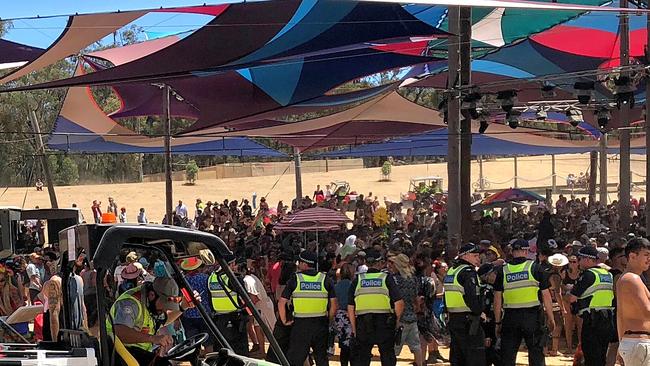 Medics and police on watch as Revellers rave all day and night. Rainbow Serpent Festival.