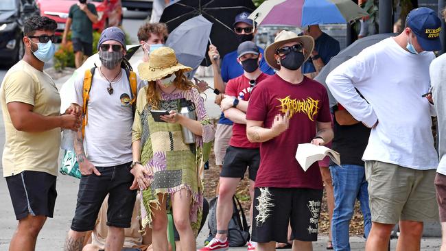 People line up for hours for Covid testing at the Royal Brisbane Women's Hospital. Picture: John Gass