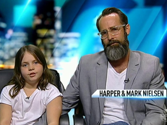 Harper Nielsen (left) and her father, Mark Nielsen, appear on The Project. Photo: Channel 10