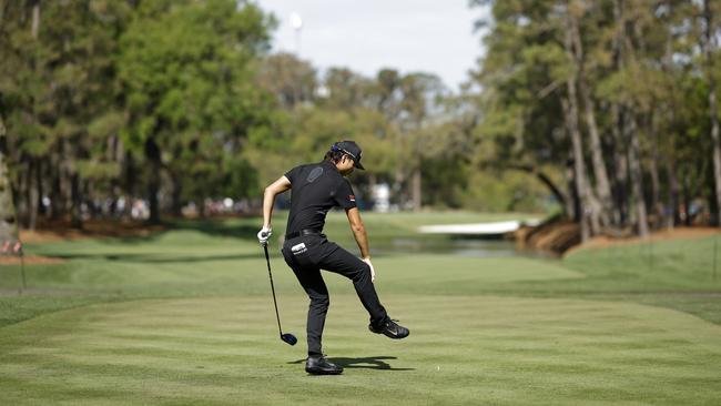 Min Woo Lee reacts after playing his tee shot on the 15th hole. Picture: by Jared C. Tilton/Getty Images