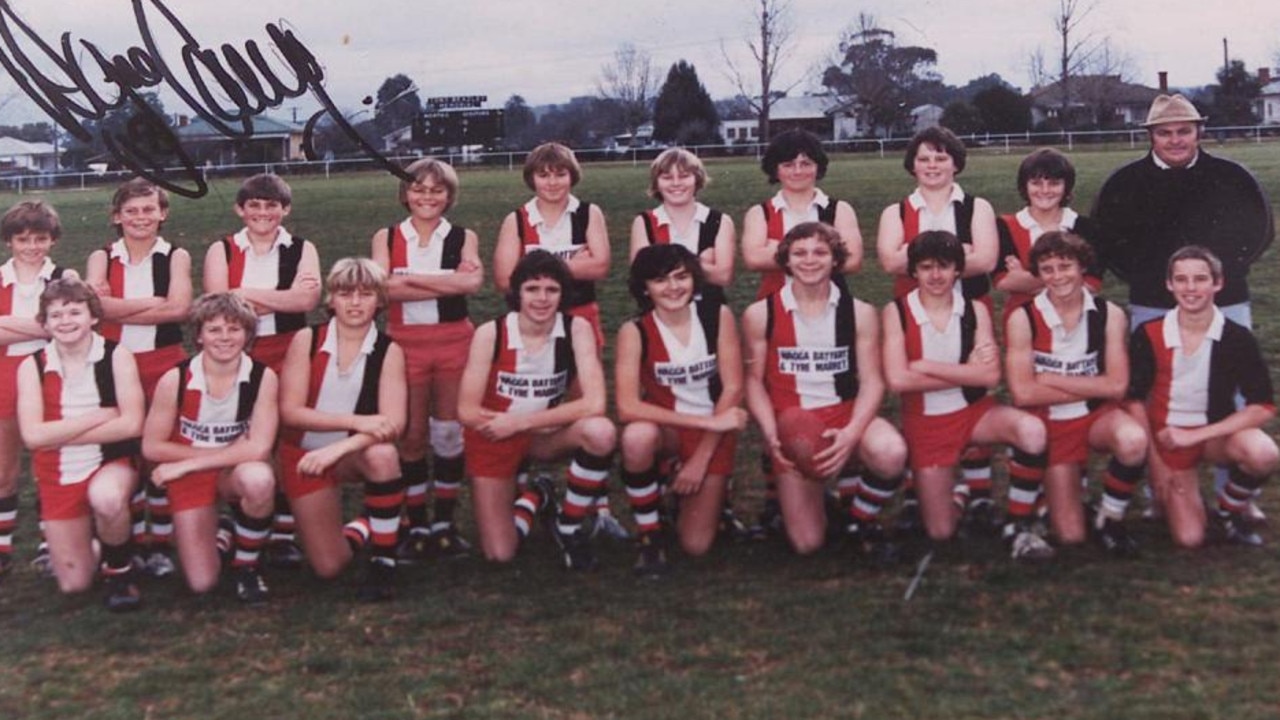 Wayne Carey (back row, second from left) in an undated team photo when he was playing for North Wagga Saints.