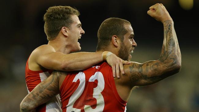 Geelong v Sydney Goal 1st term Lance Franklin &amp; Tom Papley Picture:Wayne Ludbey